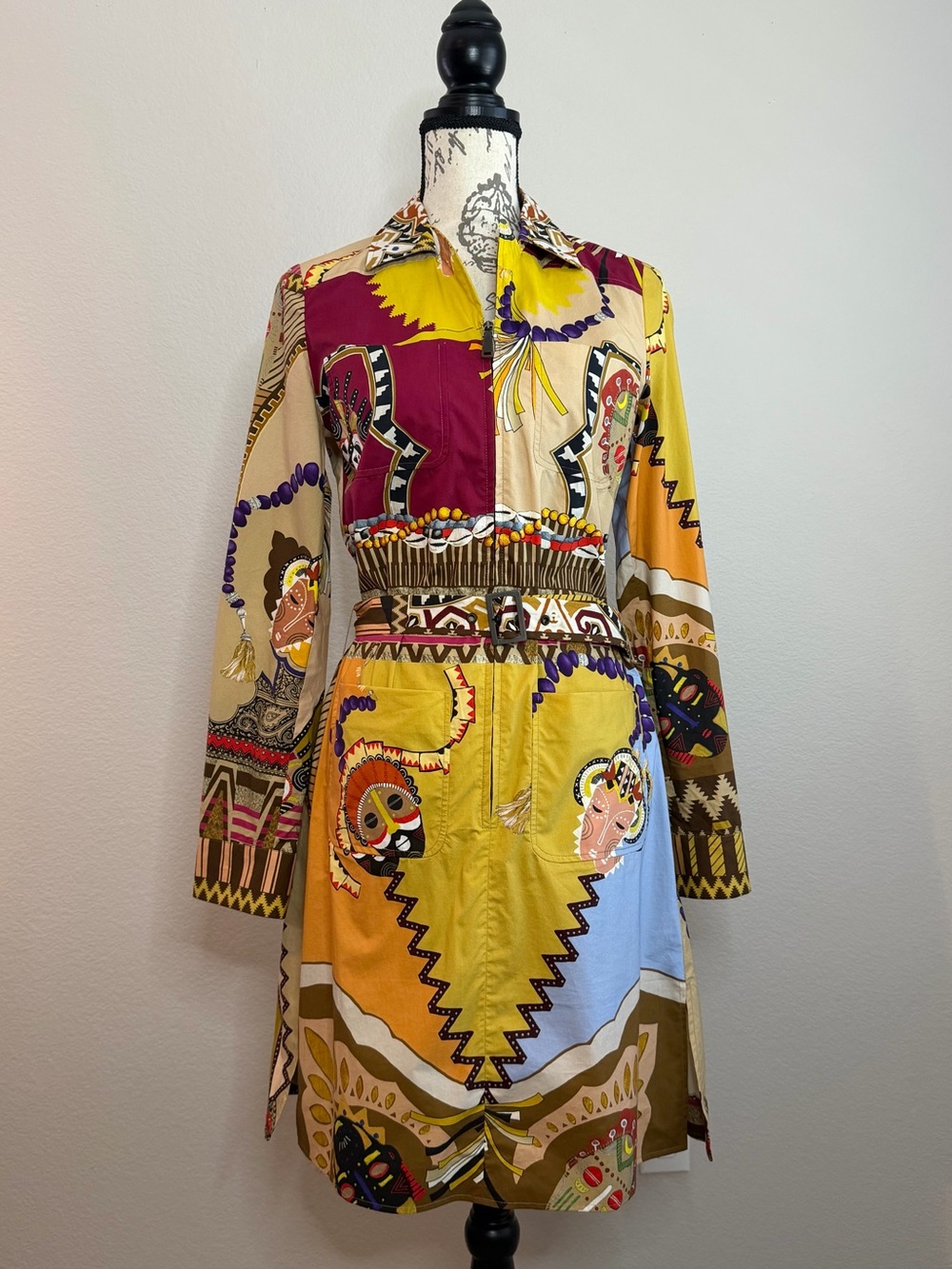Etro Folk Mask Print Belted Cotton Shirt Dress IT 44 US 8 Made in Italy - Picture 2 of 10